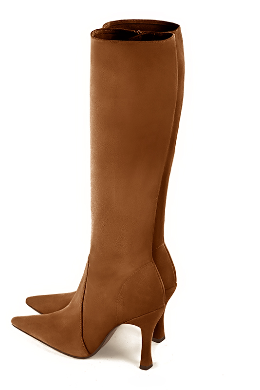 Caramel brown women's feminine knee-high boots. Pointed toe. Very high spool heels. Made to measure. Top view - Florence KOOIJMAN